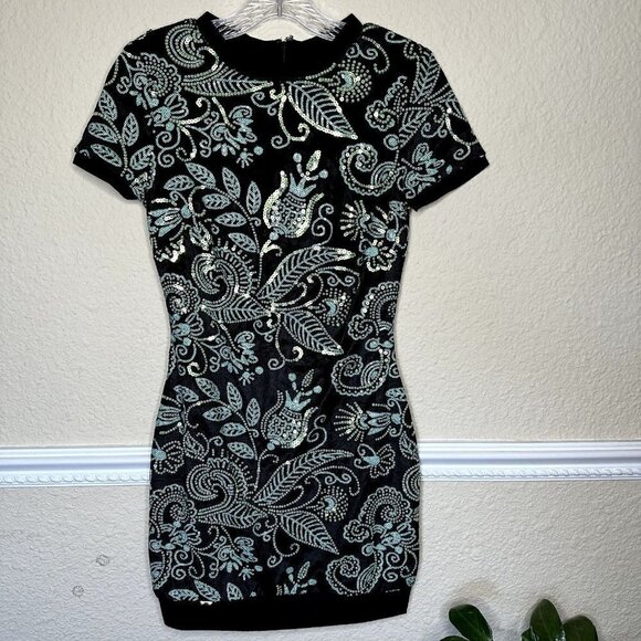 Dress the Population Cosmopolitan Malorie Turquoise Black Sequin Dress Sz Small - Picture 1 of 6
